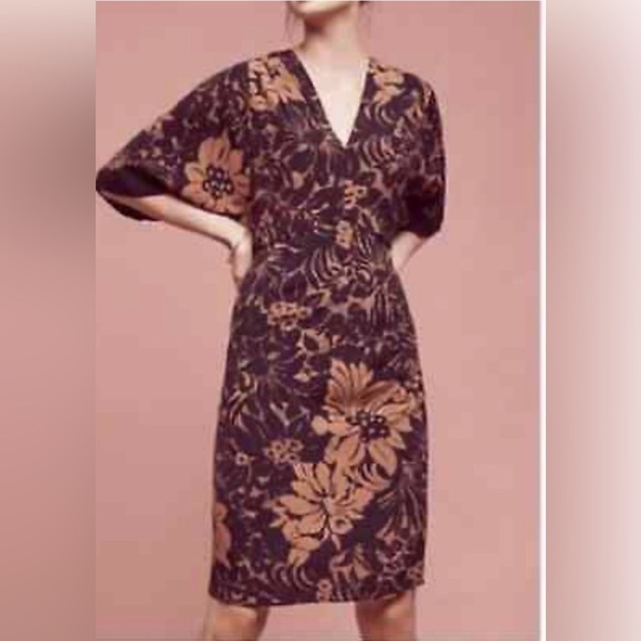 Anthropologie Maeve Mirabilis Batwing Kimono Sleeve Knee Length Dress Brown Sz 2 - Picture 1 of 9
